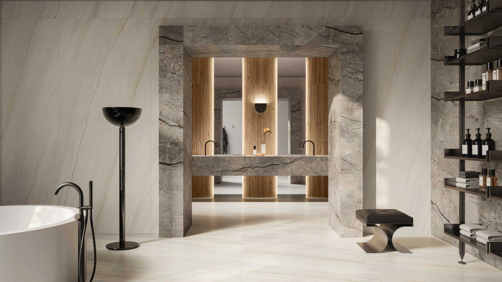 Caesar Marble Inspiration polished porcelain 120×278 cm installed in Dubai luxury hotel lobby entrance floor