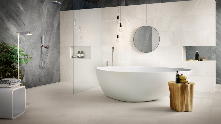 Contemporary Bathroom with stone look porcelain tiles