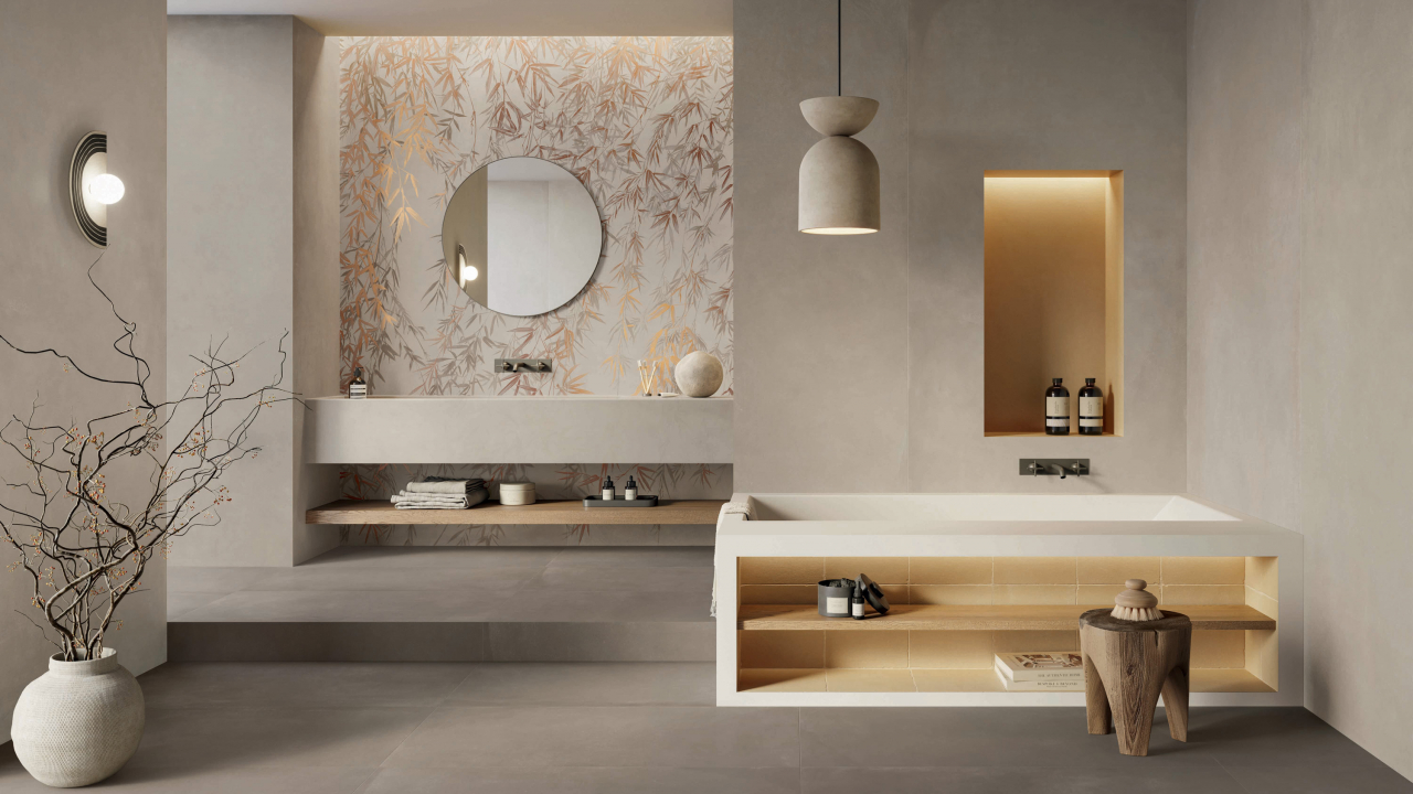 CAESAR lancio Prima Concrete 120x278 Lead 120x120 Sienna 120x120 BAGNO SITO6