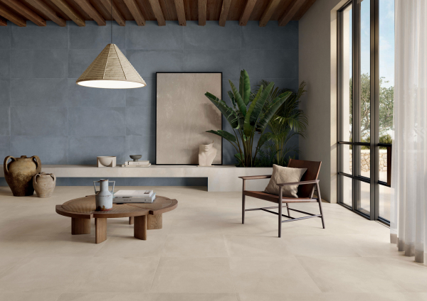 Caesar Cocoon oak wood-effect porcelain tile next to Slab2 slate-effect tile tex
