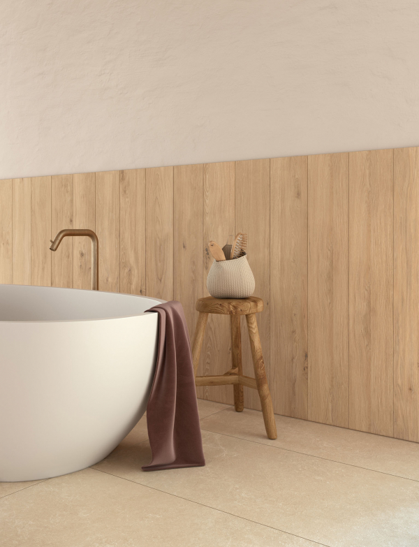 Caesar Iconica travertine-effect non-porous porcelain 120×278 cm installed in UA