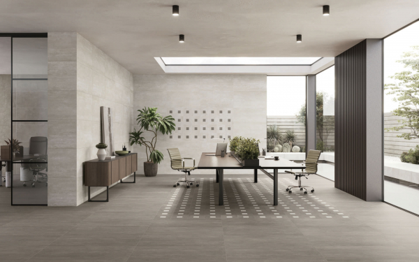 Caesar Civic cement-look porcelain in Dubai corporate office boardroom
