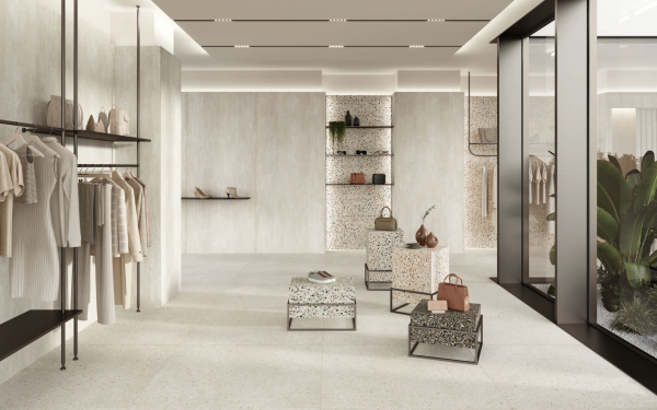 Caesar Civic concrete-effect porcelain floor in modern Dubai retail store high-t