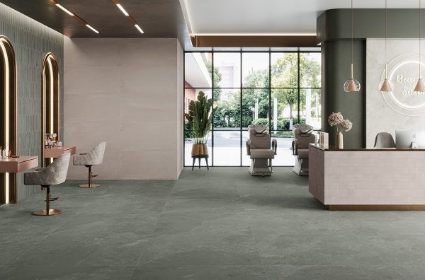 Caesar Slab2 slate-effect porcelain continuous floor from interior living room t