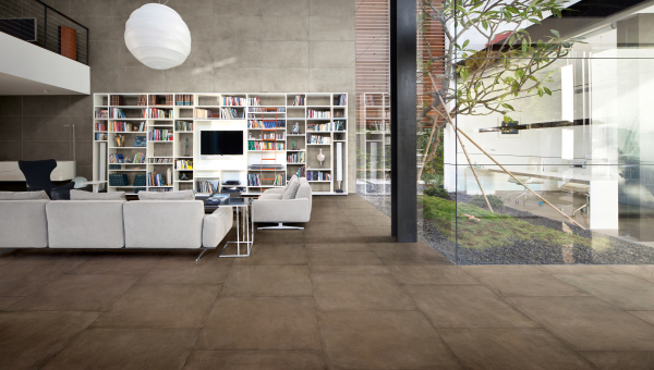 Contemporari living room with concrete look floor