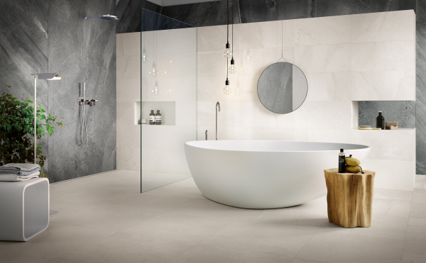 Contemporary Bathroom with stone look porcelain tiles