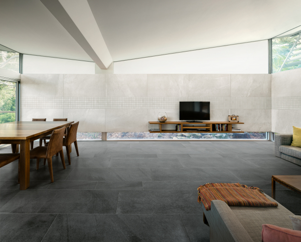 Living room with stone look tiles