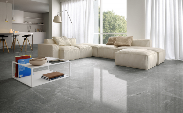 Polished stone look tiles for living room