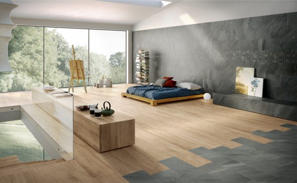 Stone and wood look matching living room