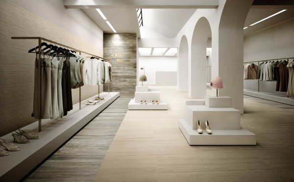 Tienda de moda con baldosas efecto piedra